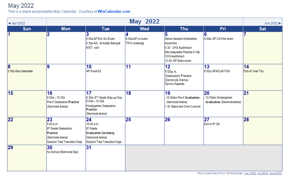 OHS May 2022 Calendar