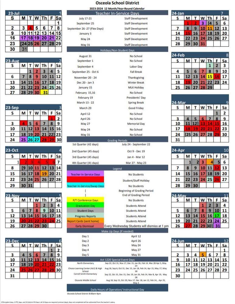 2023-2024 School Calendar | Carroll Smith Elementary School
