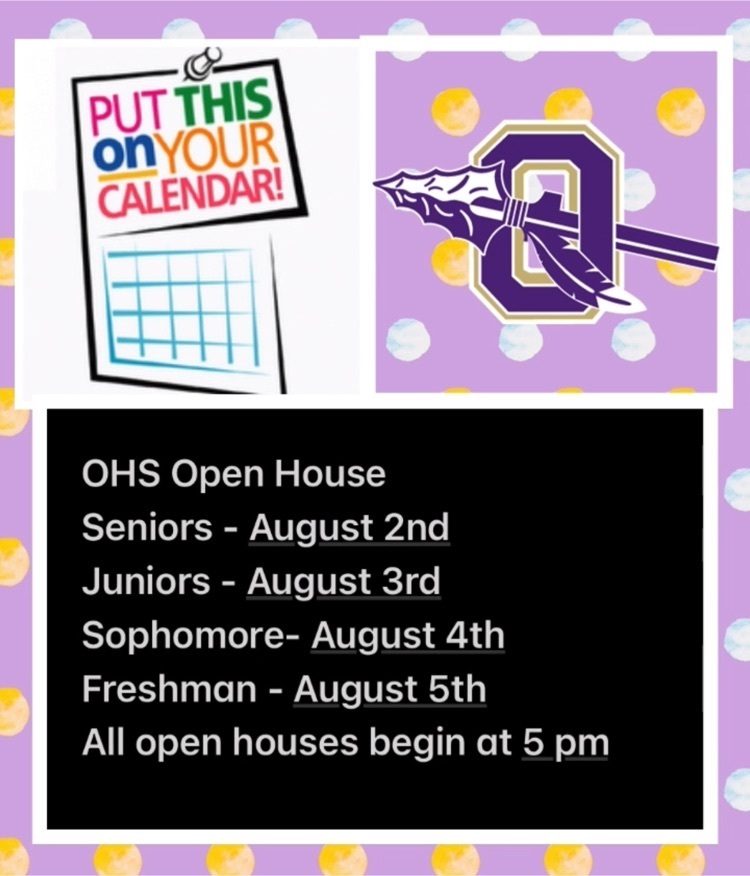 a picture of a calendar, a picture of an O with a spear through it and a picture with open house dates and time 