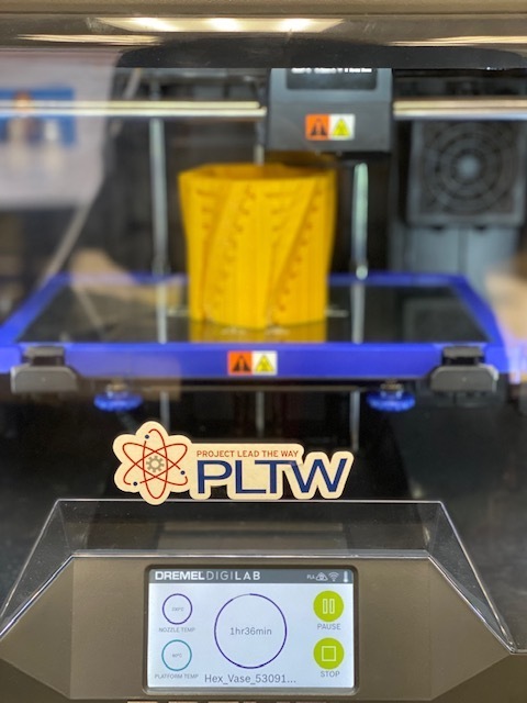 Picture of 3D printer with PLTW logo on it