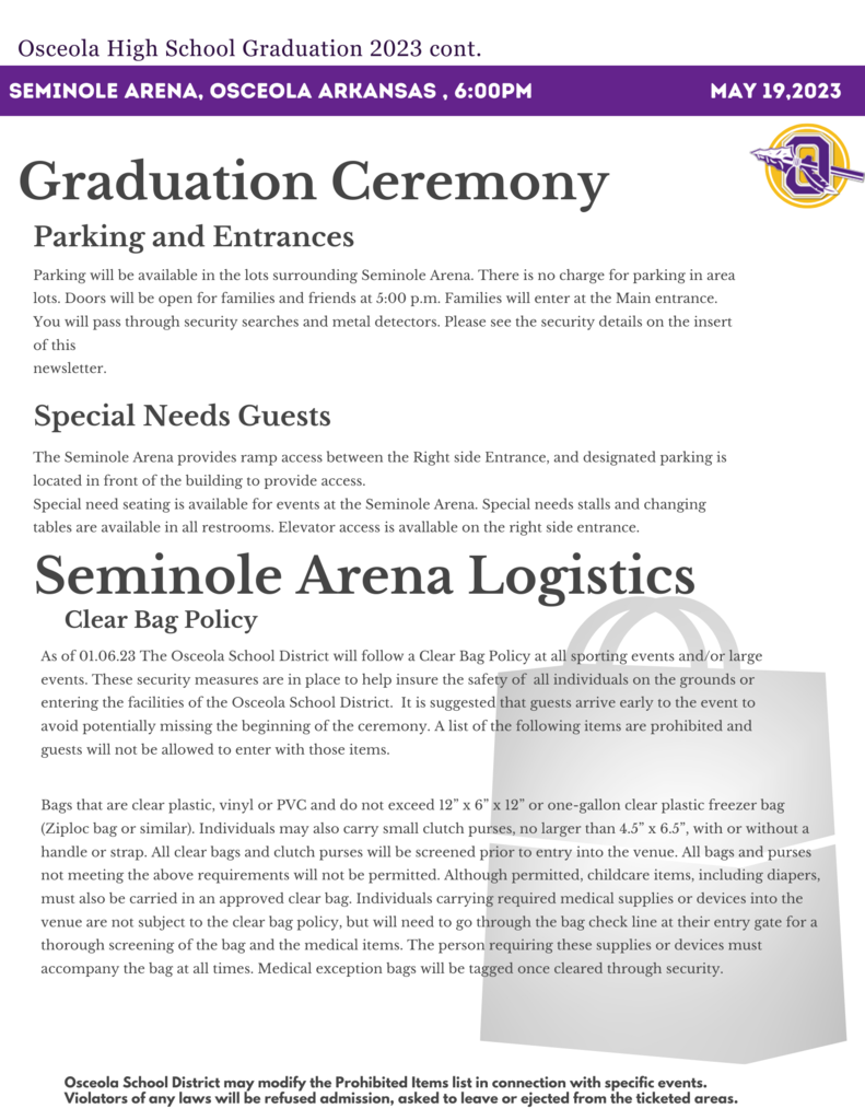  It’s almost time for the Class of 2023 to put on their caps and gowns! The commencement ceremony is this evening, May 19th, 6pm at The Seminole Stadium.  We’ve attached reminders about Safety, Security, Special Needs Guests, Parking & Entering. For more details please feel free to read our article